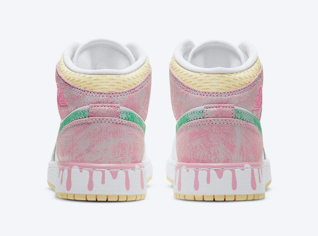 Nike Air Jordan 1 Mid GS Paint Drip, белый с розовым, кожа, женские